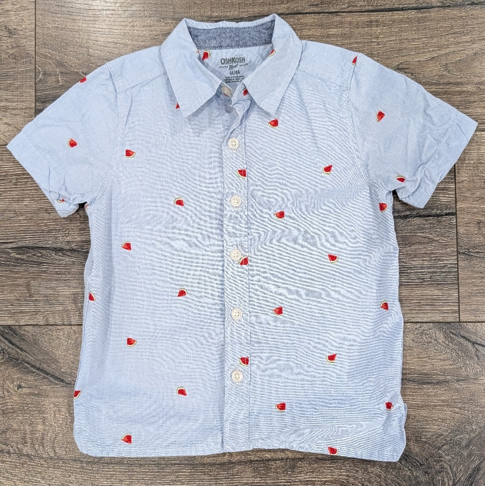 Osh Kosh 4T Watermelon Light Blue Short Sleeve Button-Up Shirt Top Toddler Boy